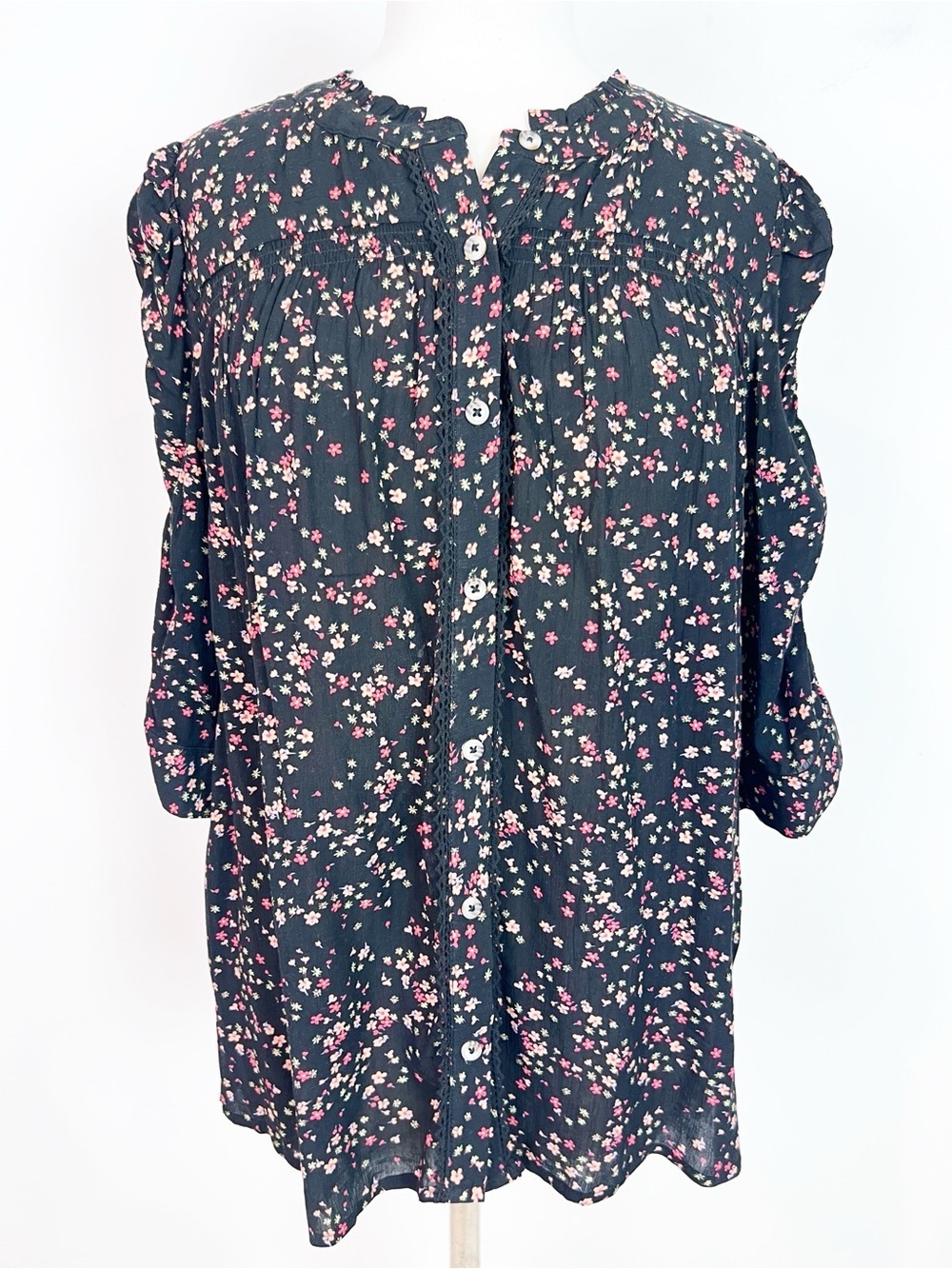 WIT & WISDOM BLACK ELBOW SLEEVE PINK FLORAL PRINT BLOUSE WOMENS MEDIUM
